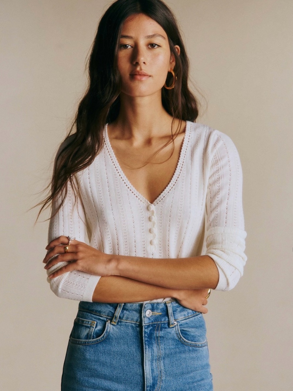 Sezane Tess Jumper Ecru V-Neck Button-Front Knit Top